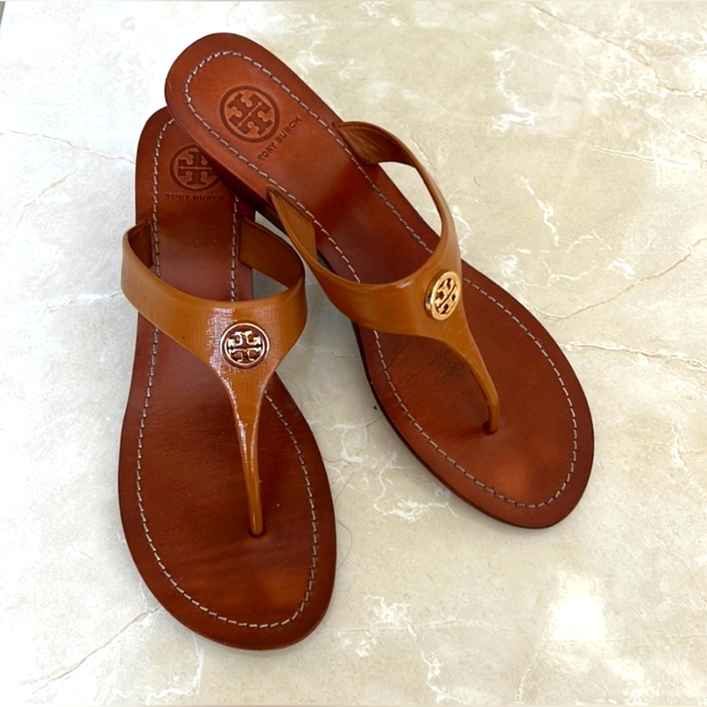 Tory Burch Designer Cameron Wedge Tan Leather Sandals Thong 9.5